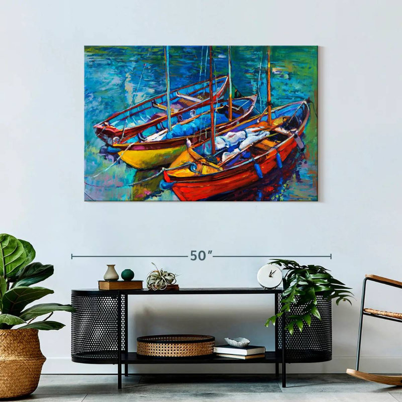 Trois bateaux amarrés, H 30 po x l 45 po x P 1,25 po