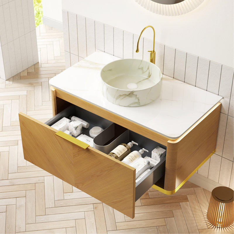 Meuble-lavabo 36 po, meuble de rangement flottant en contreplaqué, tiroir avec poignée et capteur de lumière, vasque en céramique blanche à motif de pierre et plateau en pierre frittée, pré-assemblé, grain de bois de chêne Corolla