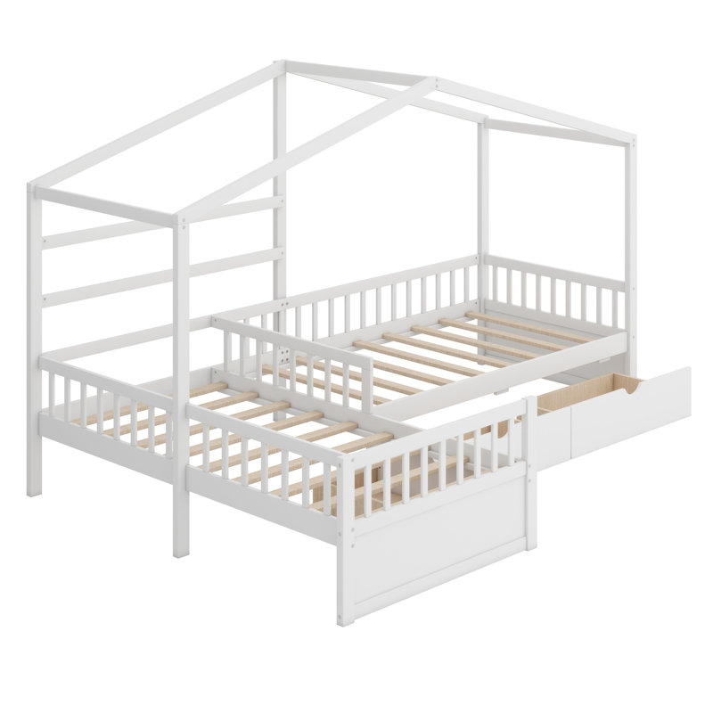 Lit plateforme House avec trois tiroirs de rangement, Blanc