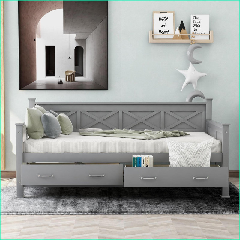 Twin Size Solid Wood &amp; MDF Storage Daybed with X-Frame, No Box Spring Needed, Gray for Guest/Living Room