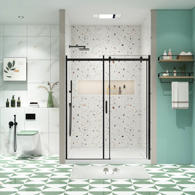 Sliding Shower Door With Nano Easy Clean Treatment - 5/16" Tempered Glass & Matte Black Bathroom Glass, Black, 36000 Times Tested