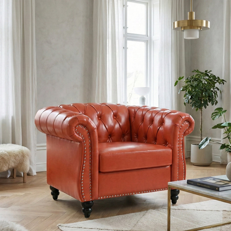 Canapé classique en cuir PU Chesterfield avec dossier capitonné, accoudoirs roulés et garniture cloutée, Orange, 1