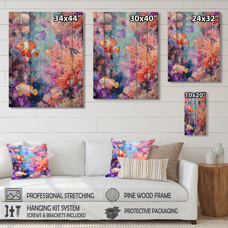 Coral Reef Fish Paradise II - impression moderne en bois orange sur bois de pin naturel, H 40 po x l 30 po