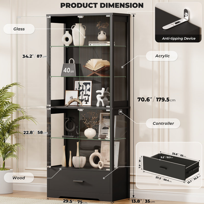 71" Tall 5-Tier Display Cabinet with Glass Doors and Storage Drawer, Black