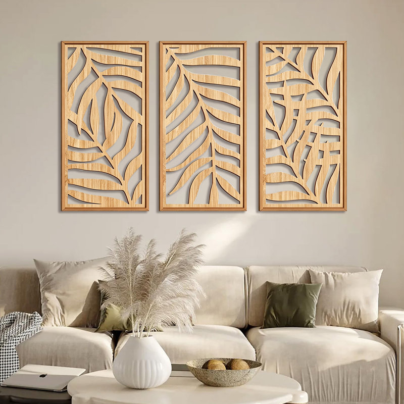 Wooden Palm Leaves Wall Art, Boho Leaves Wall Decor Framed, Tropical Leaf Home Decor For Office Bedroom Living Room Dining Room, Set Of 3 Each 16x32 Inch