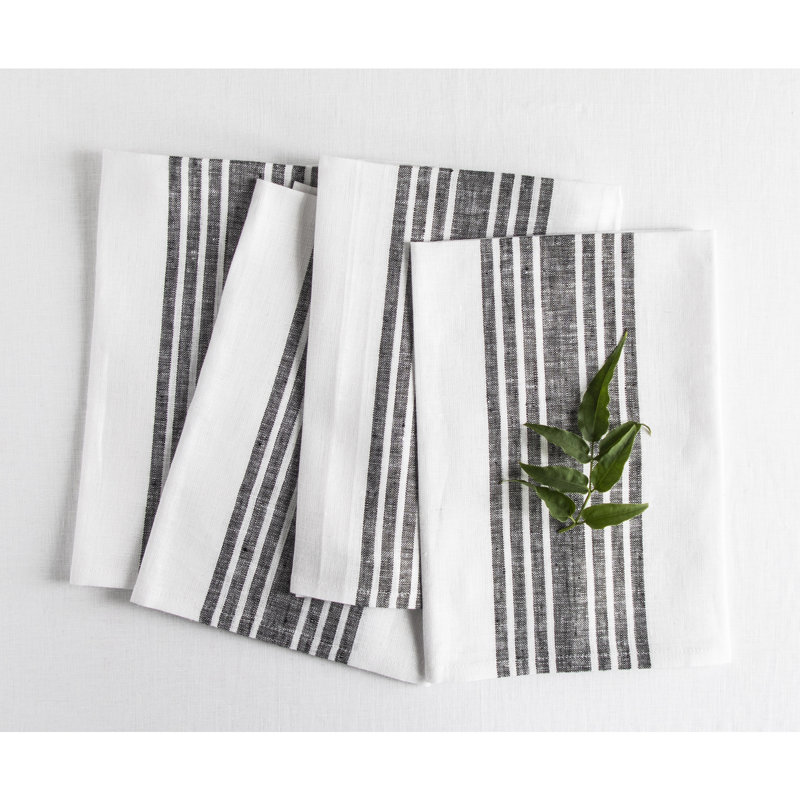 Black and White Striped Linen Farmhouse Dinner Napkins Set of 4