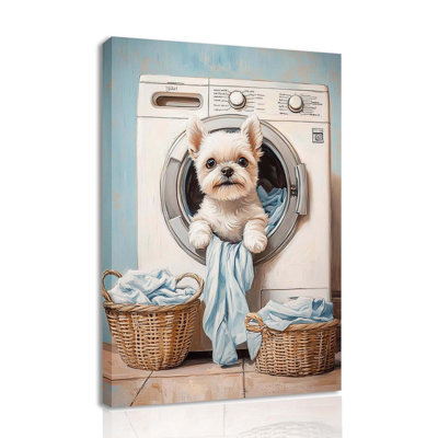 Laundry Room Canvas Frame Wall Art Laundry Sign Painting Vintage Funny Dog Artwork Decor For Wash Room Bathroom Laundromat Dry Cleaning Store Inch