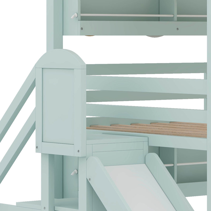 Full Size House Bed With Canopy, Slide & Built-In Bookshelves, Light Green