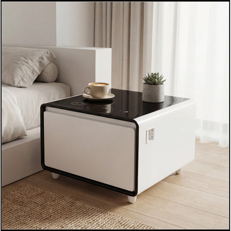 Table d'appoint moderne et intelligente avec réfrigérateur, recharge sans fil et plusieurs options d'alimentation pour une commodité ultime