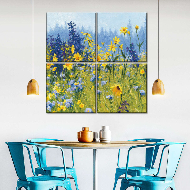 «Flower Fields Joyful In juillet», reproduction d'art sur toile 4 pièces, H 18 po x l 18 po x P 1 po
