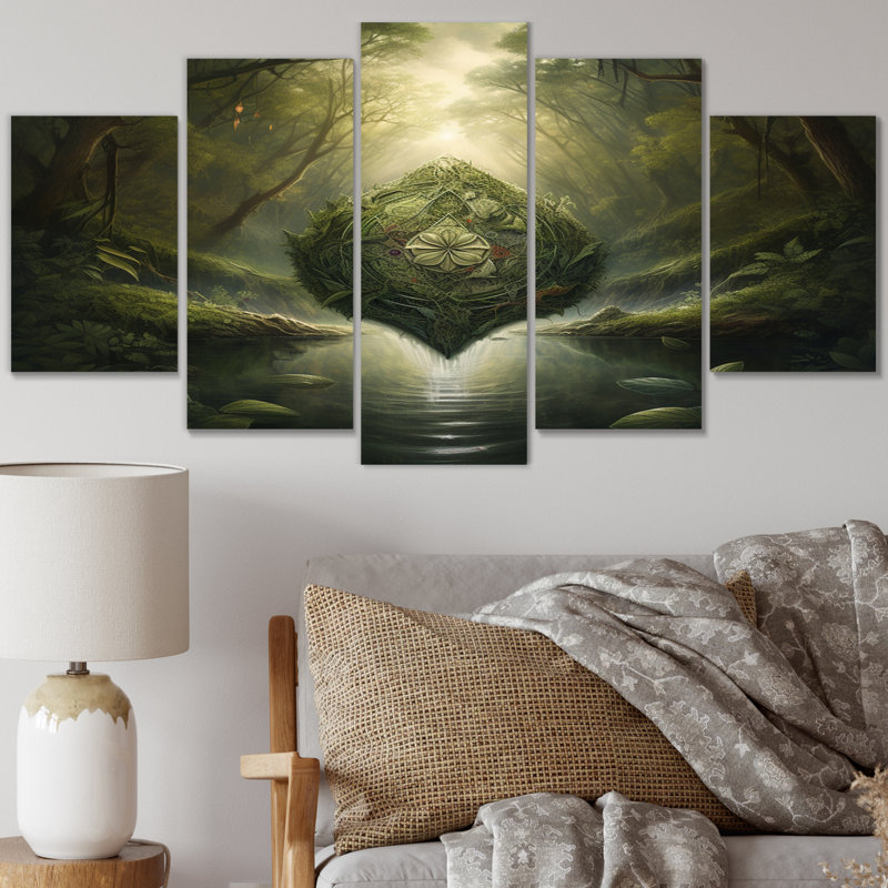 Mandala sacré planant dans un paysage mystique - reproduction d'art abstrait paysage - 5 panneaux