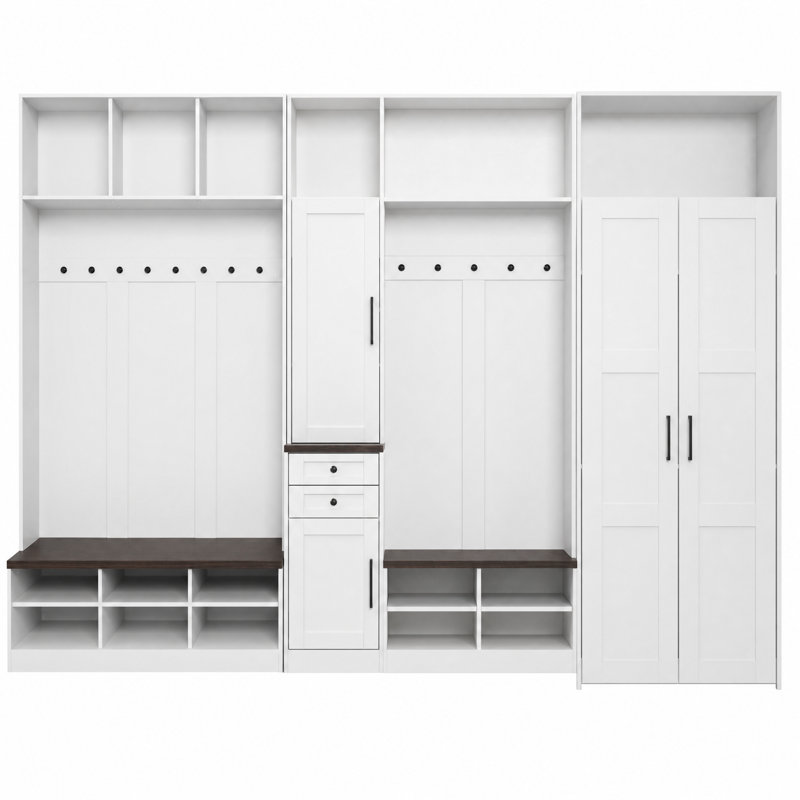 Ensemble de porte-manteau modulaire 3 pièces avec 13 crochets, 2 bancs à chaussures, 6 casiers supérieurs et rangement pour chaussures