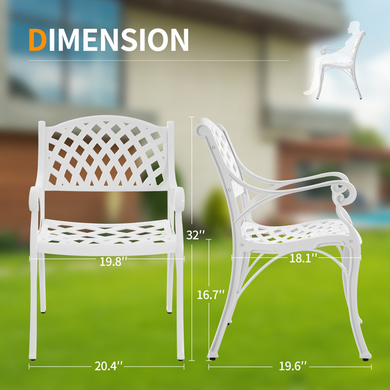 White Outdoor Patio Chairs Set 2 Cast Aluminum Patio Dining Chairs with Armrest for Garden