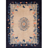 Small Ivory Cream Color Antique Artistic Open Field Floral Medallion Chinese Peking Rug