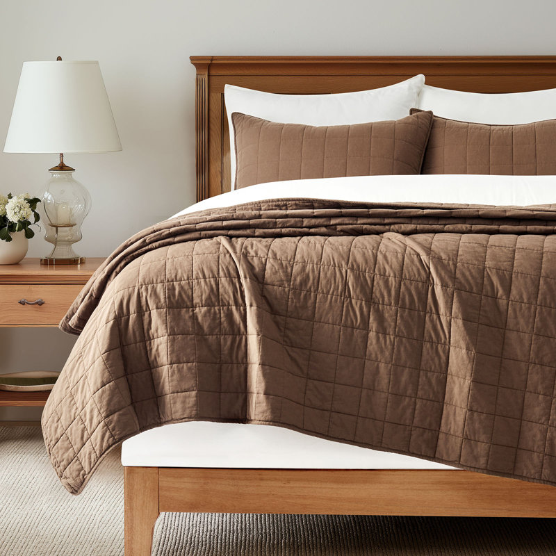 100% Cotton Box Stitch Quilt Set, Queen Quilt + 2 Queen Shams, Sienna Brown