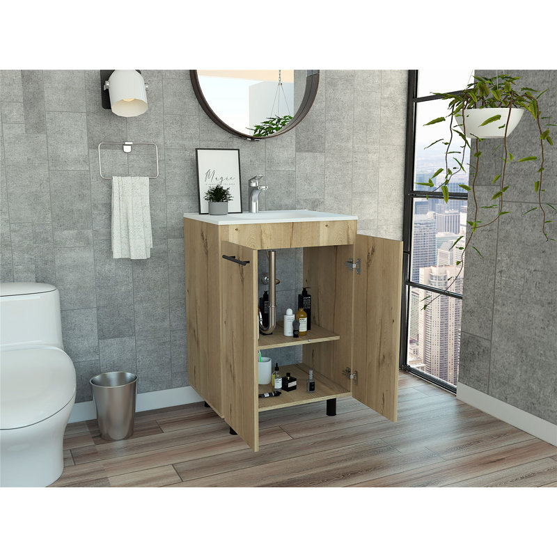 18.1'' Single Bathroom Vanity with Ceramic Top, Light Oak