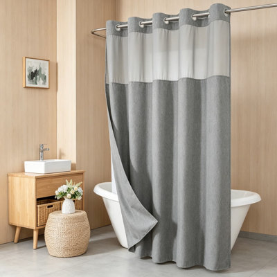 Linen Textured Shower Curtain with Snap-In Fabric Liner Set, No Hooks Needed Ringless Design, Waterproof & Washable Hotel Luxury Decor for Bathroom