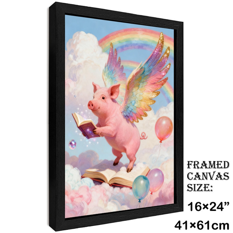 Reproduction d'art encadré noir, nuages de rêve rétro, cochon rose, style rétro, H 25 po x l 17 po