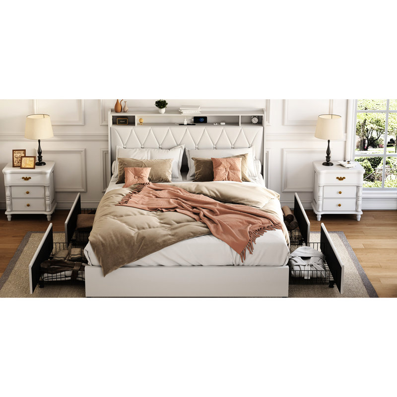 Cadre de grand lit ergonomique avec tablette de rangement et tête de lit en métal, Blanc