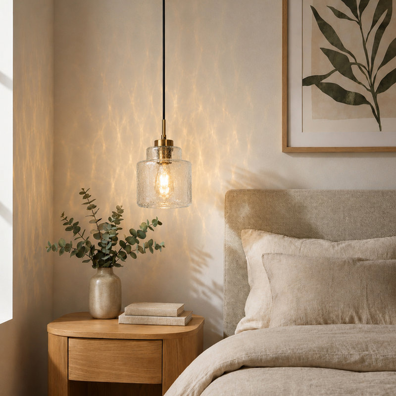 Meya 1 - Light Dimmable Single Drum Pendant with Raindrop Glass