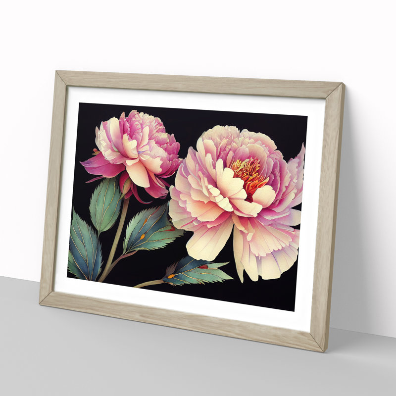 Watercolour Peony Flowers Vol.1 - Single Picture Frame Painting, 46cm H x 64cm W x 2cm D, Oak