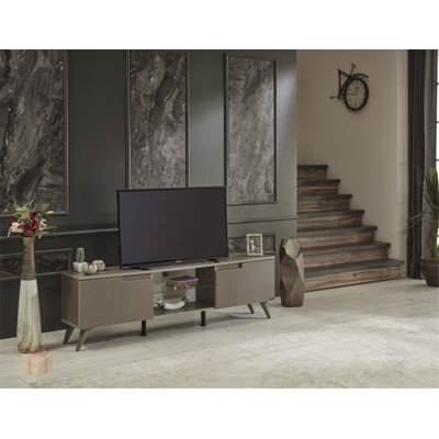 Charming Mid Century Modern TV Stand with Dual Cabinets and Glass Shelf for Enhanced Storage.