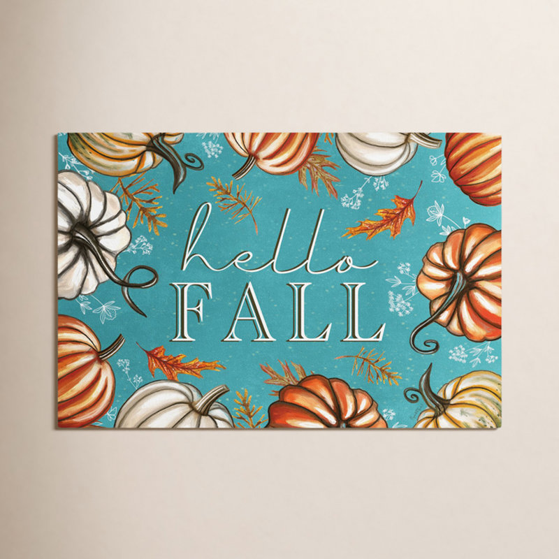 «Hello Fall», art contemporain sur fond bleu, H 16 po x l 24 po