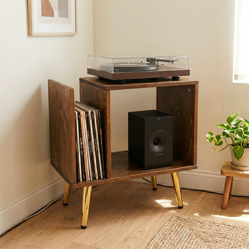  | Support pour tourne-disque avec rangement en vinyle, support pour tourne-disque Mid-Century moderne, noyer