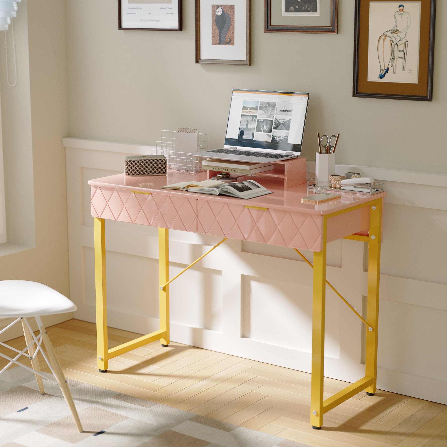 Everly Quinn 41 in Computer Desk With Two Drawers, White and Gold Modern  Study Writing Desk & Reviews