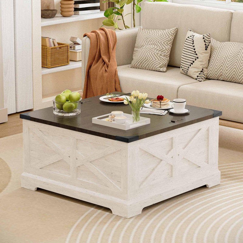 35.4" W Square Farmhouse Coffee Table with Storage, Lift Top Table for Living Room, White