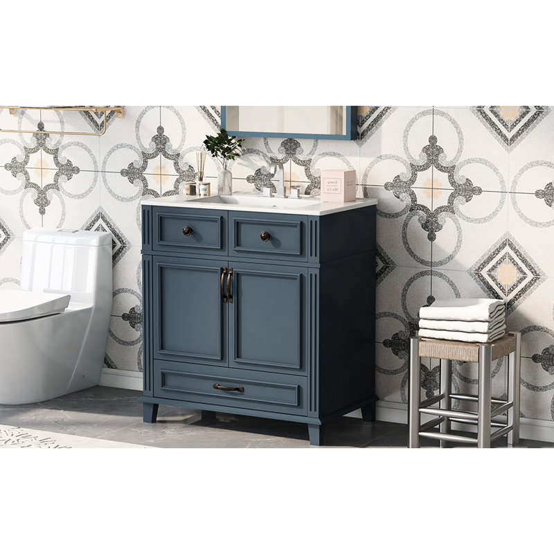 Meuble-lavabo bleu 30 po, conception rétro, structure en bois massif, lavabo en céramique brillante, portes à fermeture douce, rangement généreux, quincaillerie exquise, meuble-lavabo à motif unique avec lavabo, planches, mécanisme, lisse