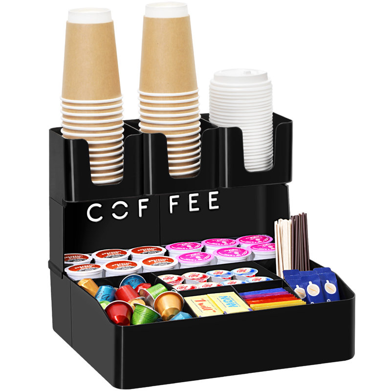 2-tier Coffee Station Organizer For Countertop, 10 Compartments, Tea Condiment Storage,coffee Bar Organizer For Office Breakroom, Home Kitchen, Black