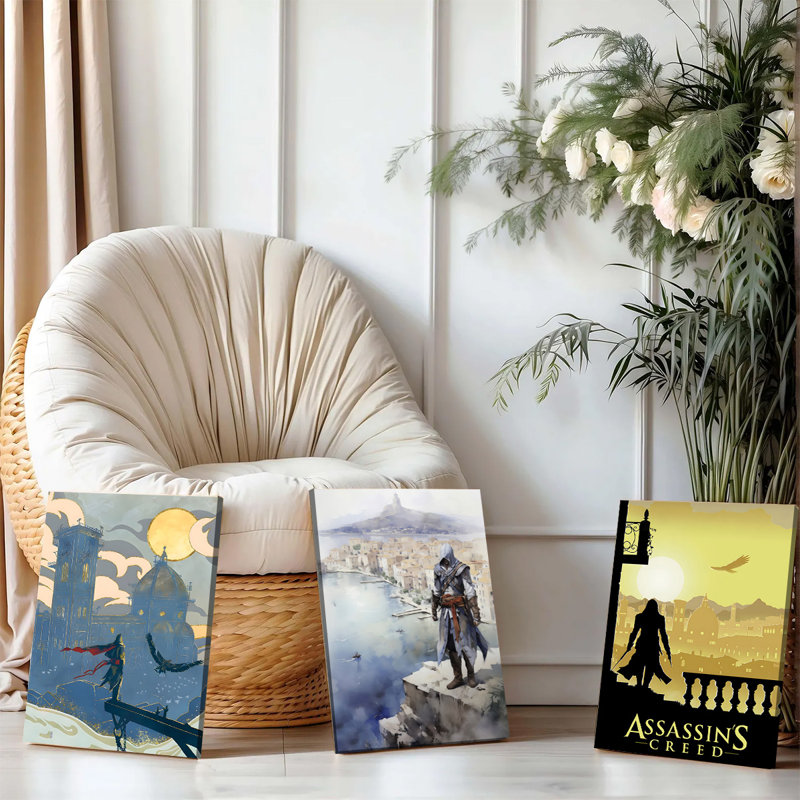 Ensemble de 3 affiches encadrées sur toile, thème Assassin's Creed : personnages et paysages urbains stylés pour la décoration intérieure, œuvre d'art moderne pour salon, chambre ou bureau, cadeau unique pour les joueurs et les fans.