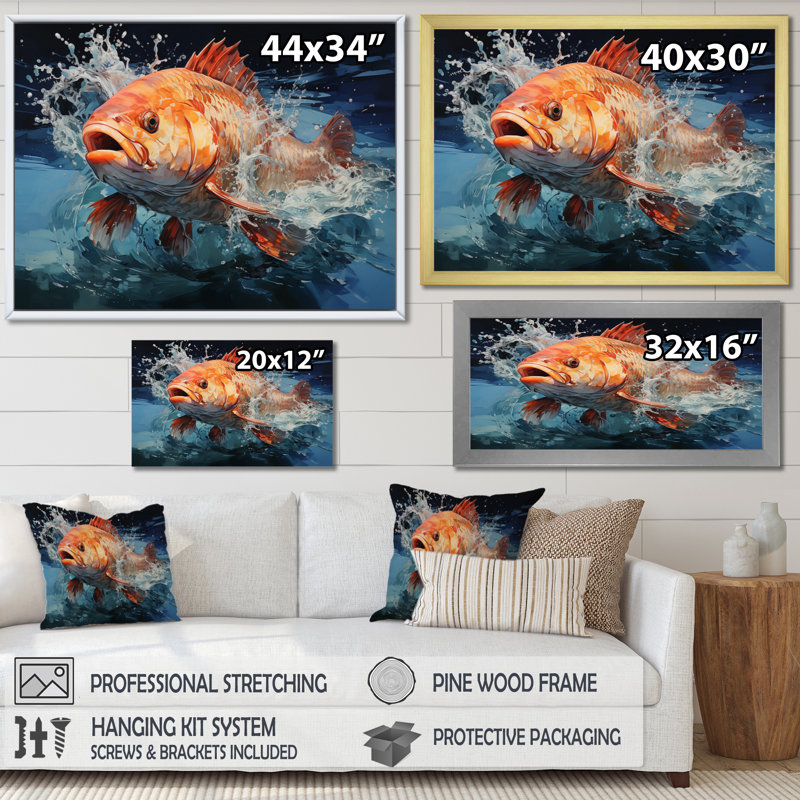 Pêche - prise colorée - impression, H 16 po x l 32 po x P 1 po, Cadre simple blanc