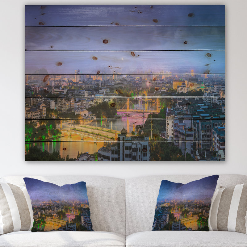 «Li River and Karst Hills Panorama - Cityscape», impression, H 15 po x l 20 po x P 1 po, Bois