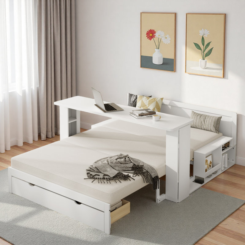 Multifunctional Daybed With Storage Drawer, Open Compartments And Hydraulic Side Table, White