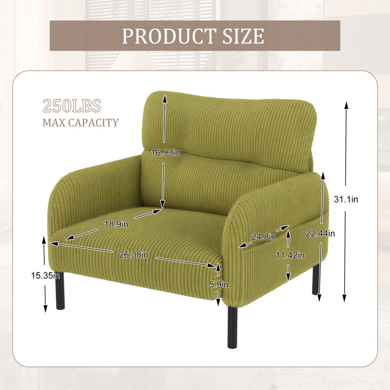 Chaise d'appoint rembourrée en velours côtelé Modern, Vert