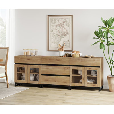 3 In 1 Multifunctional Sideboard Buffet Cabinets With Glass Doors And 5 Drawers, Modern Sideboard Credenza With Adjustable Shelf And Metal Base, Coffee Bar Cabinet Storage Cabinet For Living Room, Kitchen