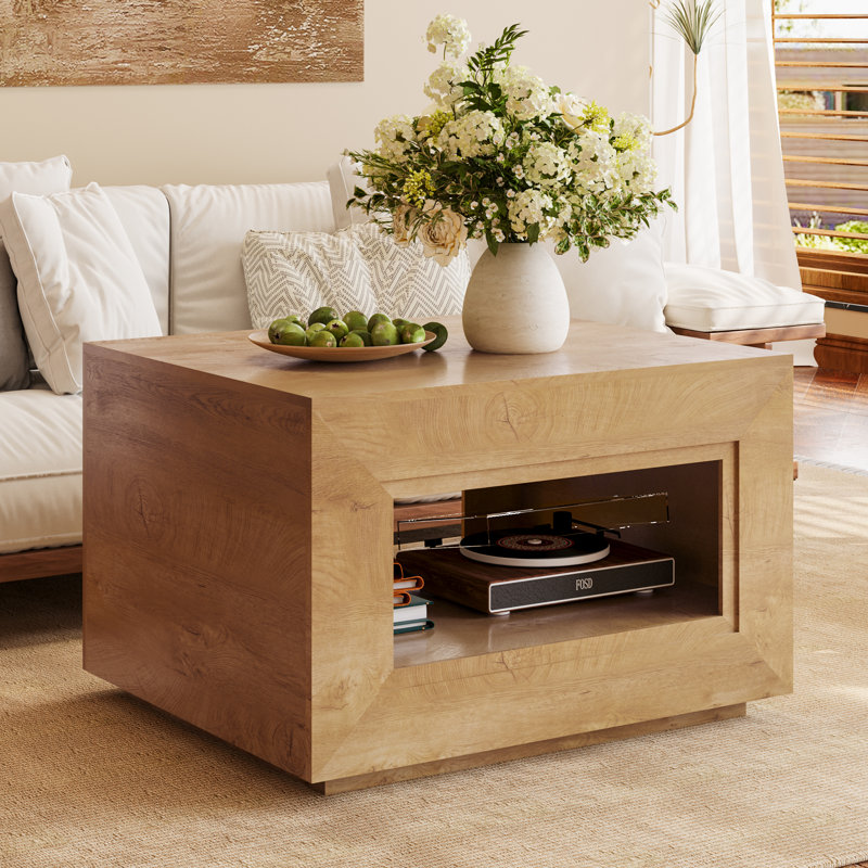 LED Lift-Top Square Coffee Table, Natural Wood