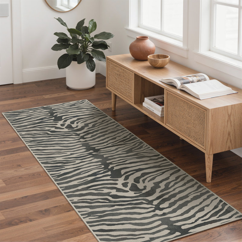 Safari Animal Print Zebra Machine Printed Washable Beige / Gray Indoor Area Rug with Non-Slip Backing, Black Gray