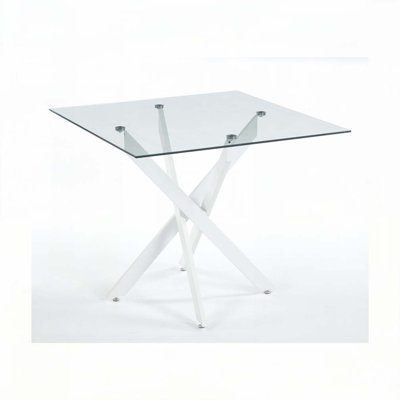 Kaison Dining Table with Tempered Glass Top & Cross Metal Legs by Wrought Studio