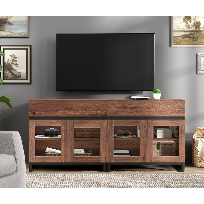 Modern TV Stand With Glass Doors For 70 Inch Tvs, 2 In 1 Entertainment Center Console With 2 Drawers And Metal Base For Living Room, Bedroom
