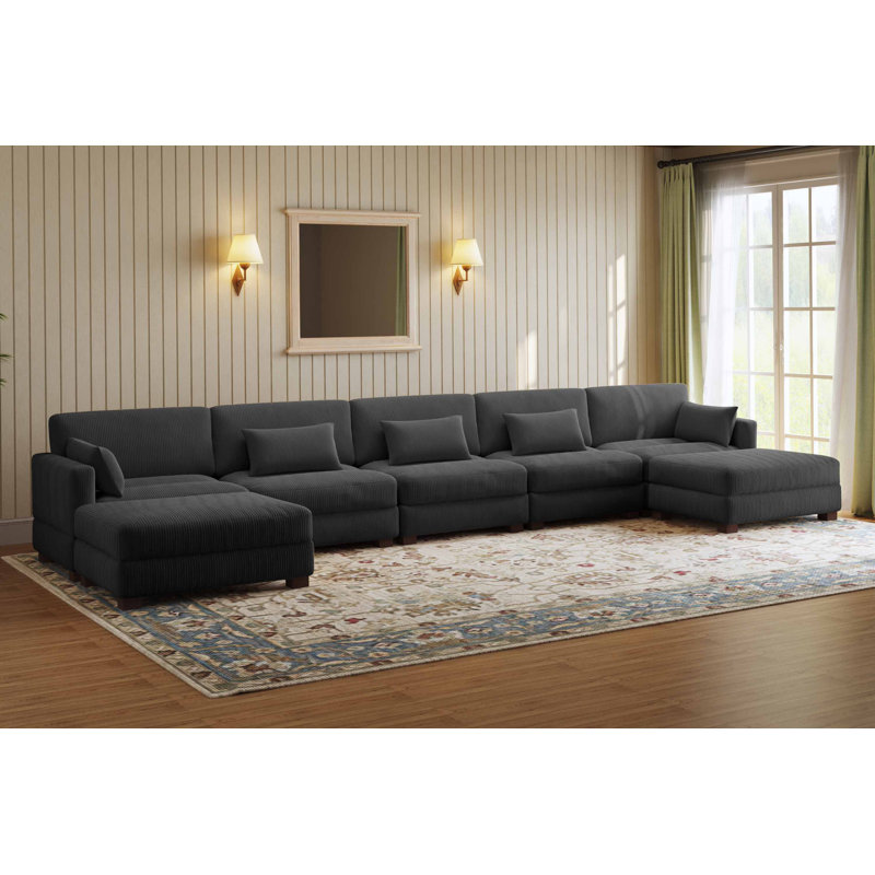 Maelina 7 - Piece Upholstered Gray Corduroy Modular Sectional Sofa with Pillow Back and Removable Ottoman, Gray Corduroy