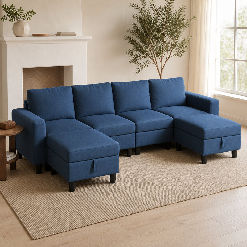 Canapé-lit d'angle modulaire en forme de U, réglable, de 110 pouces de largeur, avec 2 poufs de rangement, Bleu