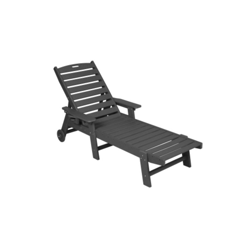 Oversized Outdoor Lounge Chair - HDPE with Wood Texture, 5 Adjustable Positions, Built-in Cup Holder, Rolling Wheels, Gray