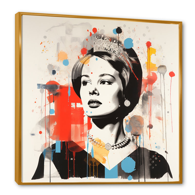 Pop Art Queen Elizabeth S Magazine I - célébrité, art mural, Cadre flottant doré, 16" H x 16" W