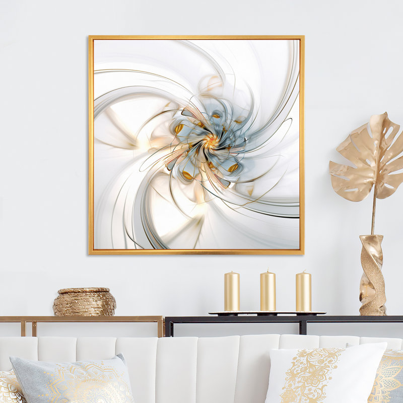 «Fractal Flower Joy» en blanc cosmique I - impression, H 24 po x l 24 po x P 1 po, Cadre flottant doré