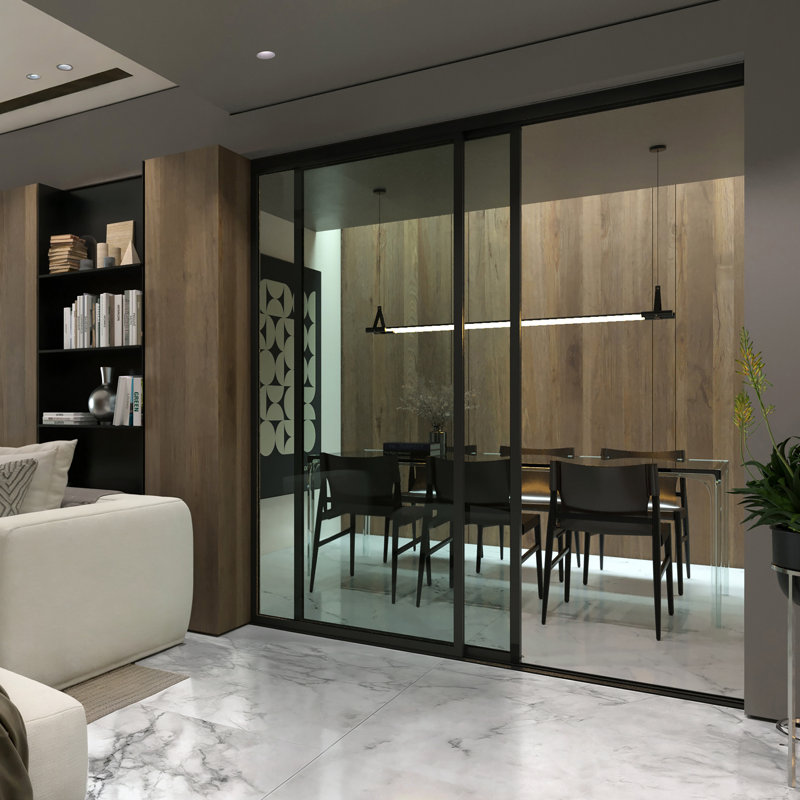 Cloison 3 panneaux coulissants en verre transparent - structure en aluminium avec technologie Silent Glide, 72 po x 80 po, 3