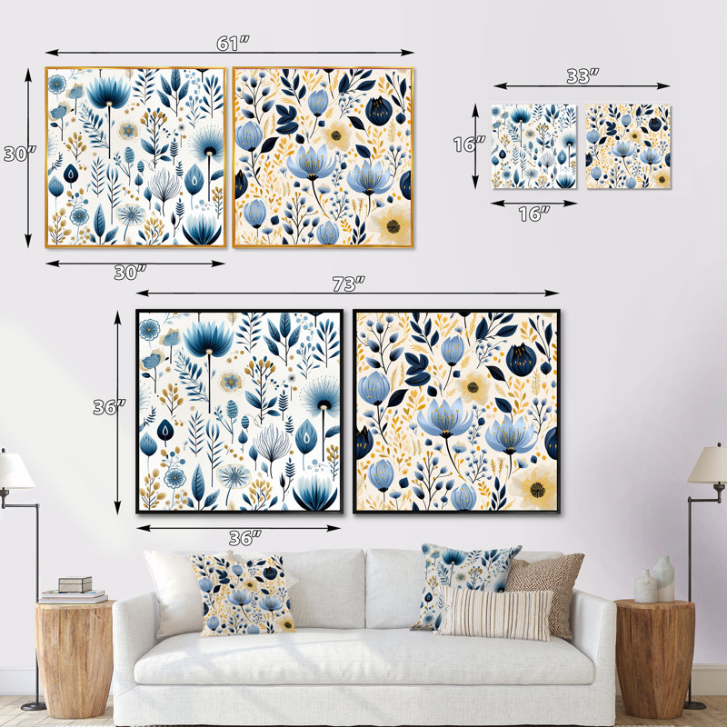 Ensemble de 2 collages carrés botaniques à motif floral minimaliste bleu minimaliste, Cadre flottant noir, H 16 po x l 33 po