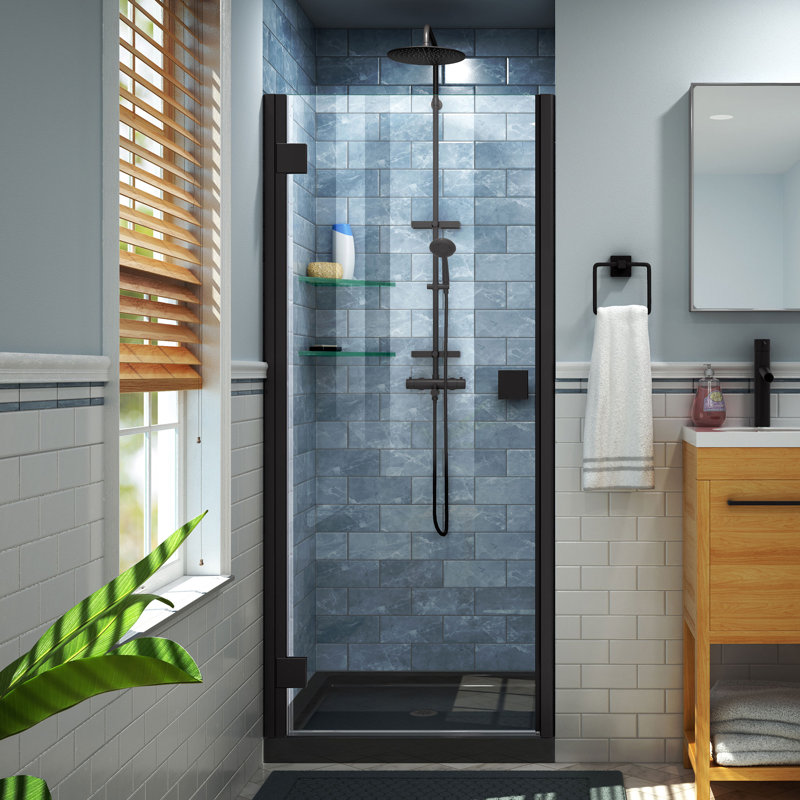 Lumen 42" x 74.75" Square Hinged Shower Enclosure with Base Included, Matte Black, Black